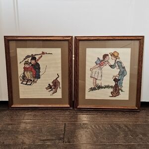 Vintage Framed Needlepoint Sledding & Farming Art Set